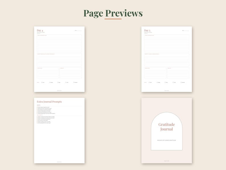 Peut inclure: Une mise en page de journal de gratitude num&eacute;rique pr&eacute;sentant quatre pages distinctes. Deux pages sont intitul&eacute;es Day 4 et Day 5 avec des sections lign&eacute;es pour &eacute;crire. Une page liste Extra Journal Prompts et la derni&egrave;re page montre une couverture avec un motif en arche et le texte Gratitude Journal.
