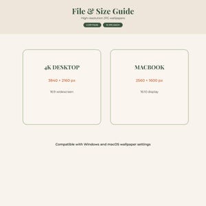 May include: A File & Size Guide for high-resolution JPG wallpapers. It lists 2 ZIP files with 12 JPGs each. Two boxes show 4K DESKTOP at 3840 x 2160 px in 16:9 widescreen and MACBOOK at 2560 x 1600 px in 16:10 display. Compatible with Windows and macOS.