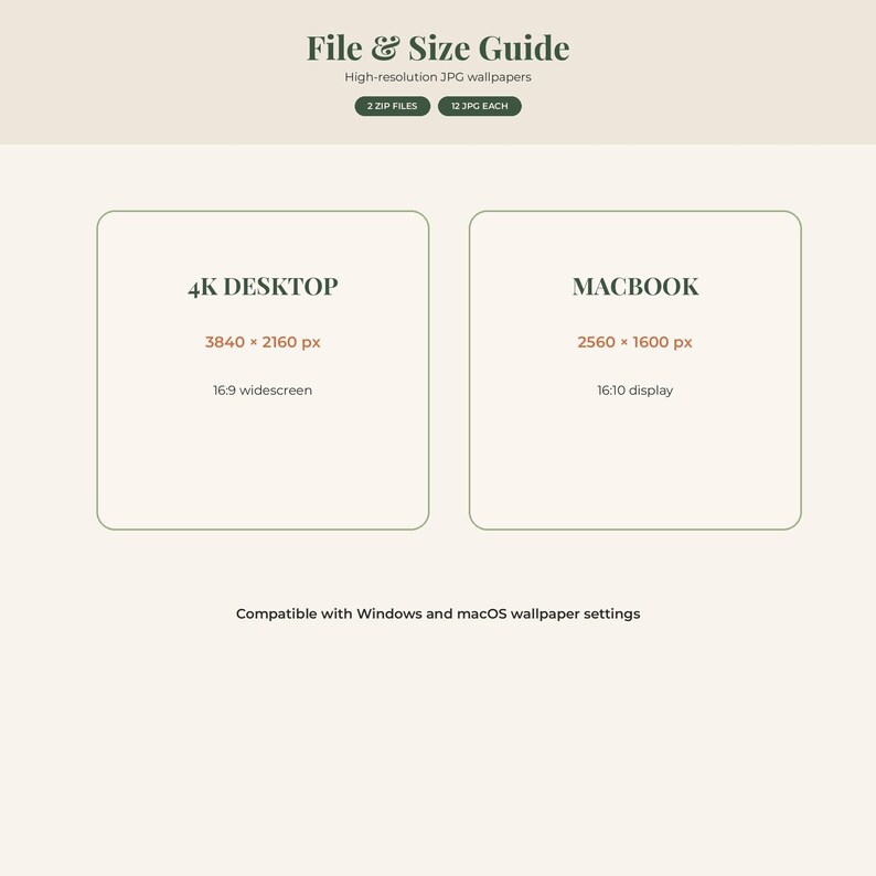 May include: A File & Size Guide for high-resolution JPG wallpapers. It lists 2 ZIP files with 12 JPGs each. Two boxes show 4K DESKTOP at 3840 x 2160 px in 16:9 widescreen and MACBOOK at 2560 x 1600 px in 16:10 display. Compatible with Windows and macOS.
