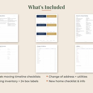 May include: A collection of six white printable moving planner pages with dark text. The sheets include an 8-week timeline, room-by-room packing lists, a moving overview, a change of address form, and a utilities tracker, plus box labels.