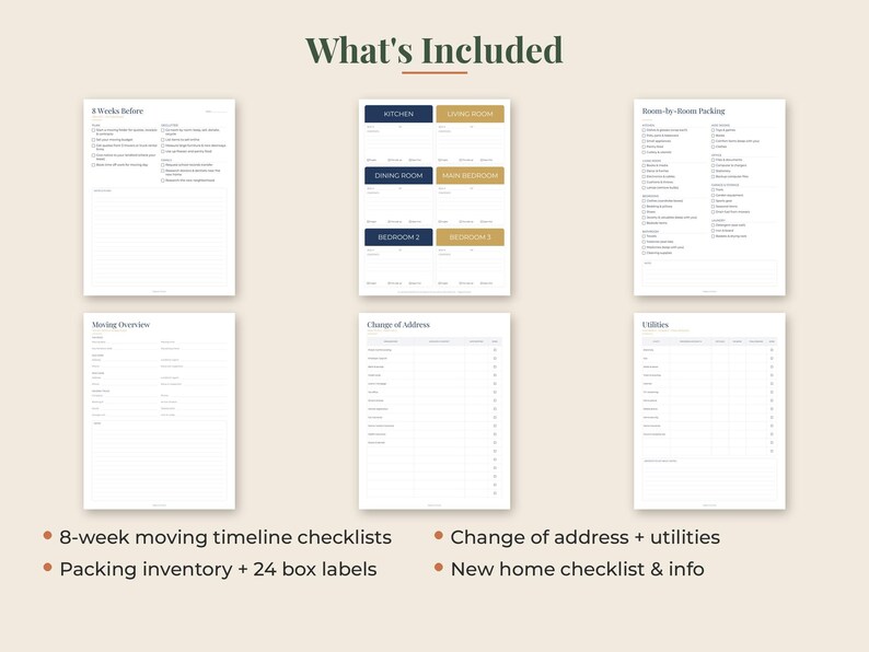 May include: A collection of six white printable moving planner pages with dark text. The sheets include an 8-week timeline, room-by-room packing lists, a moving overview, a change of address form, and a utilities tracker, plus box labels.