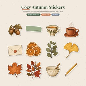 May include: A digital sticker set titled Cozy Autumn Stickers featuring 120 watercolor illustrations including acorns, a green label, tea cups, an envelope with a wax seal, orange slices, leaves, a bowl with a spoon, and a yellow pencil.