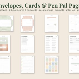 May include: A collection of printable stationery including envelopes, 4x6 note cards, postcards, questionnaires, writing prompts, a letter log, and labels. The pages feature grid and gingham patterns in soft green, orange, and neutral tones.