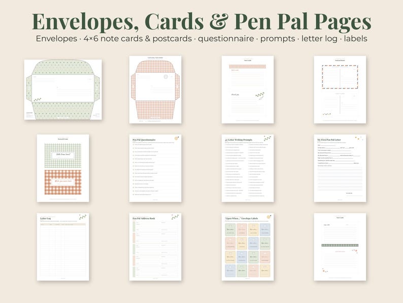 May include: A collection of printable stationery including envelopes, 4x6 note cards, postcards, questionnaires, writing prompts, a letter log, and labels. The pages feature grid and gingham patterns in soft green, orange, and neutral tones.