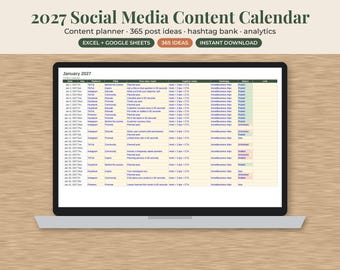 2027 Social Media Content Calendar, Instagram TikTok Planner, Google Sheets Template