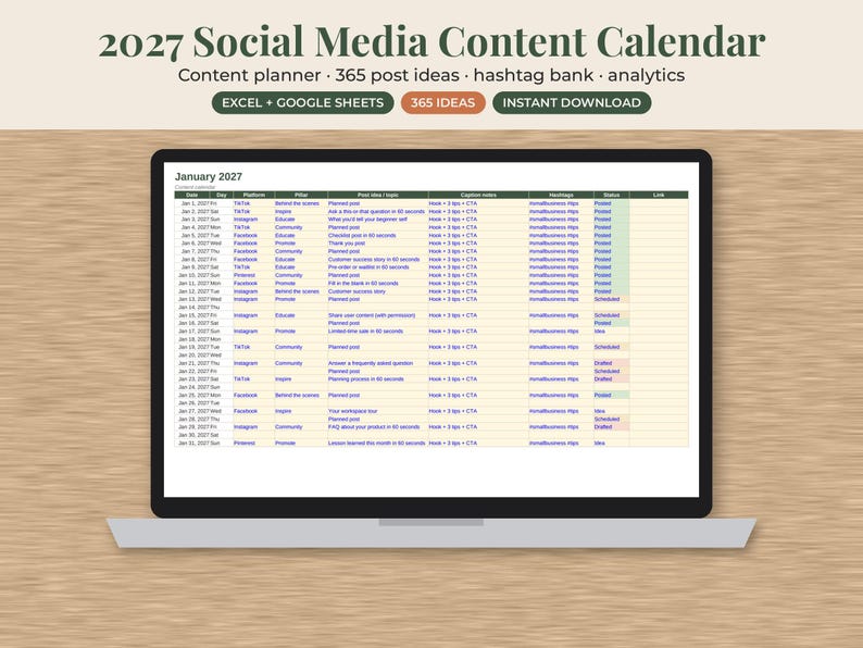 May include: A digital 2027 social media content calendar displayed on a laptop screen. The spreadsheet includes columns for date, platform, topic, post ideas, and status. Text at the top reads 2027 Social Media Content Calendar and 365 Ideas.