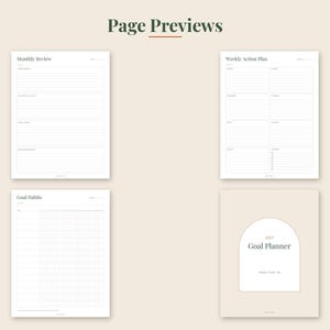 May include: A 2023 Goal Planner set featuring four pages with a beige background and dark green text. The pages include a Monthly Review, Weekly Action Plan, Goal Habits tracker, and a cover page with an arched design and the text Goal Planner.