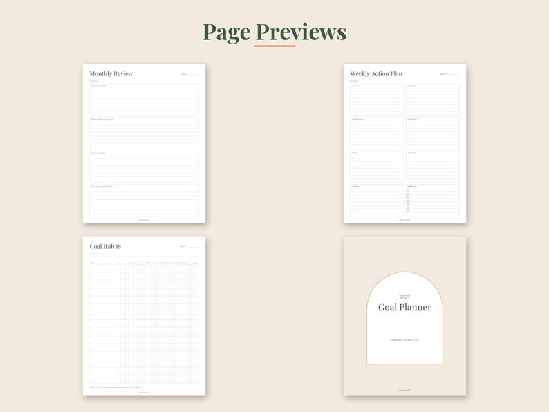May include: A 2023 Goal Planner set featuring four pages with a beige background and dark green text. The pages include a Monthly Review, Weekly Action Plan, Goal Habits tracker, and a cover page with an arched design and the text Goal Planner.