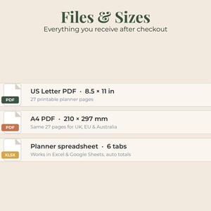 May include: A digital file information graphic titled Files & Sizes. It lists a US Letter PDF at 8.5 x 11 inches with 27 pages, an A4 PDF at 210 x 297 mm with 27 pages, and a planner spreadsheet with 6 tabs compatible with Excel and Google Sheets.