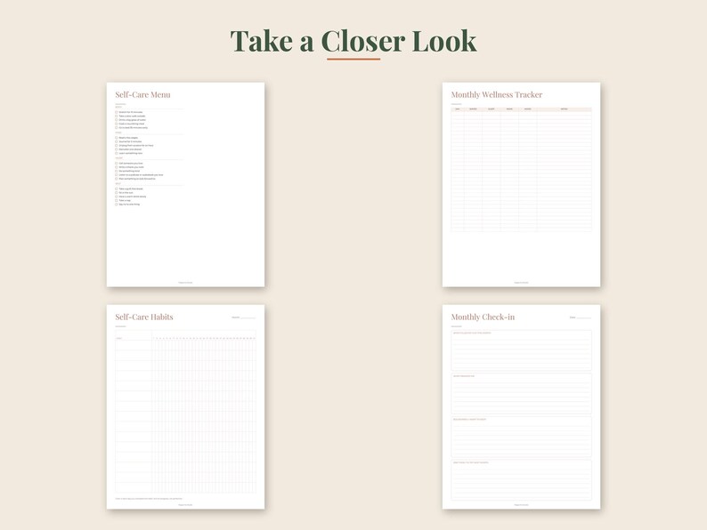 May include: Four white digital planner pages with dark text titled Take a Closer Look. The pages include a Self-Care Menu, Monthly Wellness Tracker, Self-Care Habits, and Monthly Check-in, featuring various checklists, grids, and lined sections.