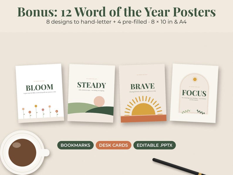 May include: A set of 12 Word of the Year posters including 8 hand-lettering designs and 4 pre-filled designs in 8x10 inch and A4 sizes. The posters feature text like BLOOM, STEADY, BRAVE, and FOCUS with graphic illustrations of flowers, suns, and hills.