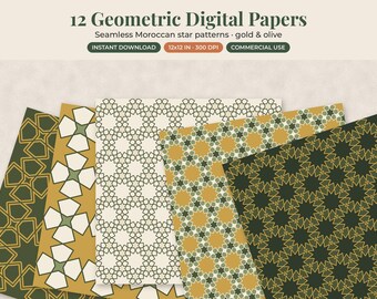 Geometric Digital Paper Pack, 12 Seamless Moroccan Star Patterns, Gold Olive
