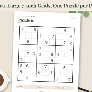 May include: A white page featuring a Sudoku puzzle labeled Puzzle 61 with medium level difficulty. The header reads Extra-Large 7-inch Grids, One Puzzle per Page. The grid contains black numbers in a nine-by-nine square layout on a white background.