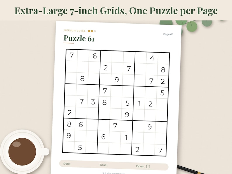 May include: A white page featuring a Sudoku puzzle labeled Puzzle 61 with medium level difficulty. The header reads Extra-Large 7-inch Grids, One Puzzle per Page. The grid contains black numbers in a nine-by-nine square layout on a white background.