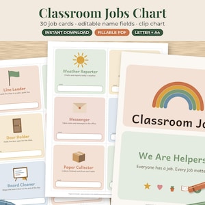 May include: A printable classroom jobs chart set featuring 30 job cards with editable name fields. The design includes soft pastel colors, icons like a sun, rainbow, and flag, and text such as Classroom Jobs, We Are Helpers, and job titles.
