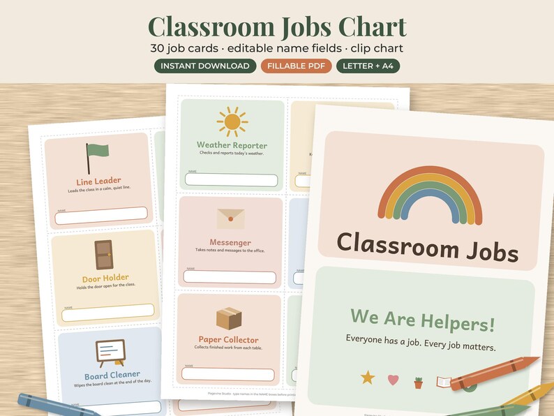 May include: A printable classroom jobs chart set featuring 30 job cards with editable name fields. The design includes soft pastel colors, icons like a sun, rainbow, and flag, and text such as Classroom Jobs, We Are Helpers, and job titles.
