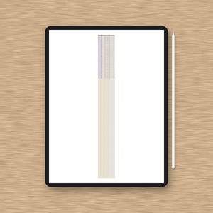 Może przedstawiać: Czarny tablet cyfrowy z białym ekranem wyświetlającym pionową kolumnę tekstu i cienki fioletowy pasek nagł&oacute;wka. Smukły biały rysik jest umieszczony pionowo wzdłuż prawej strony ramki tabletu, wyr&oacute;wnany z krawędzią urządzenia.