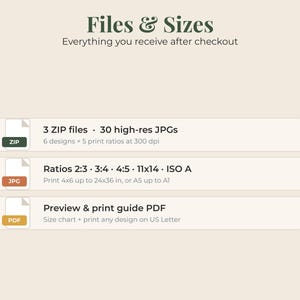 May include: A digital file information graphic titled Files & Sizes. It lists 3 ZIP files containing 30 high-res JPGs with 6 designs in 5 ratios at 300 dpi. It specifies ratios 2:3, 3:4, 4:5, 11x14, ISO A, print sizes 4x6 to 24x36 inches, and a PDF guide.