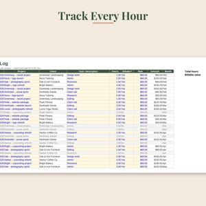 May include: A digital time log spreadsheet titled Track Every Hour, featuring columns for date, project, client, task, hours, billable status, rate, and amount. The table displays various entries with a total of 185.5 hours and a billable value of $9,720.00.