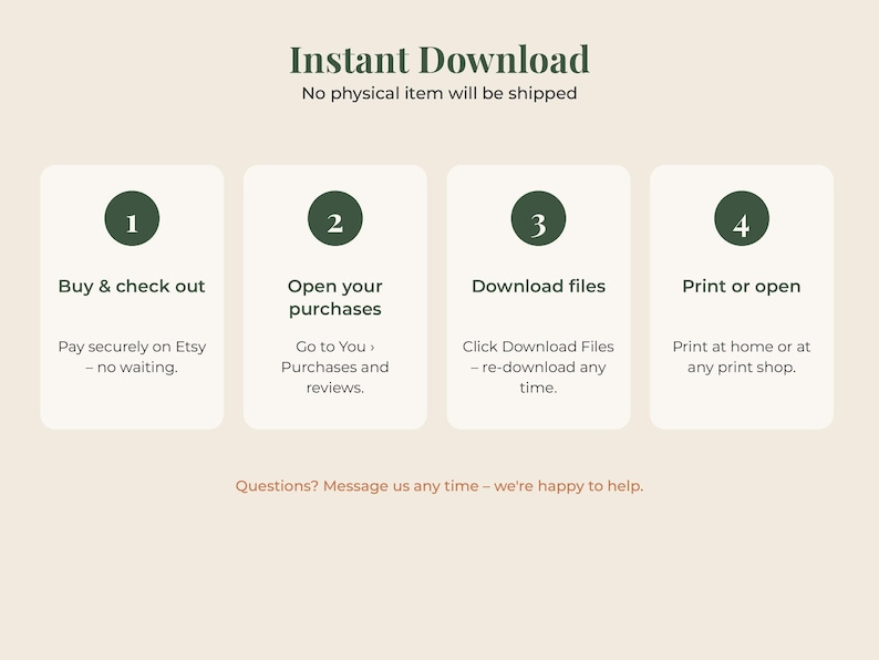 May include: An instructional graphic titled Instant Download with four numbered steps in dark green circles. The steps are: 1. Buy & check out, 2. Open your purchases, 3. Download files, 4. Print or open. Text below includes instructions and a contact note.