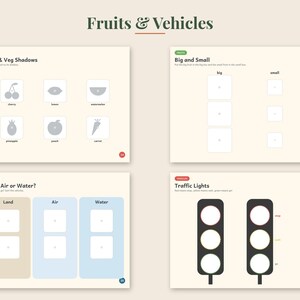 May include: An educational activity sheet titled Fruits & Vehicles featuring four sections: Fruit & Veg Shadows, Big and Small, Land, Air or Water, and Traffic Lights. The pages include black and white line drawings of fruits, vegetables, and traffic signals with text prompts for matching, sorting, and identifying objects.
