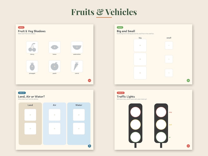 May include: An educational activity sheet titled Fruits & Vehicles featuring four sections: Fruit & Veg Shadows, Big and Small, Land, Air or Water, and Traffic Lights. The pages include black and white line drawings of fruits, vegetables, and traffic signals with text prompts for matching, sorting, and identifying objects.