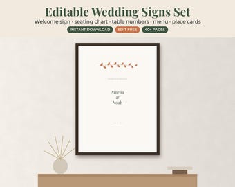Wedding Welcome Sign and Seating Chart Template, Minimalist Signs, Table Numbers, Menu