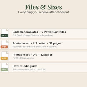 May include: An informational graphic titled Files & Sizes listing digital assets: 7 editable PowerPoint templates, a 32-page US Letter printable PDF set with blank and cut lines, a 32-page A4 printable PDF set, and a PDF how-to-edit guide for printing.