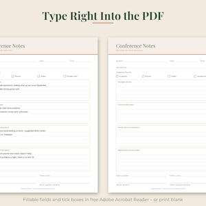 May include: Two identical digital conference notes templates on a light background. Each page features the header "Conference Notes" and "Record of our meeting," with fillable fields for student, date, time, and checkboxes for meeting format.