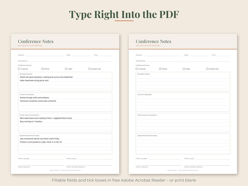 May include: Two identical digital conference notes templates on a light background. Each page features the header "Conference Notes" and "Record of our meeting," with fillable fields for student, date, time, and checkboxes for meeting format.