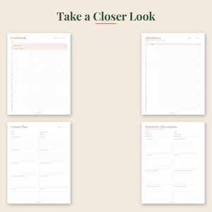 May include: Four white printable planner pages with dark text on a light background. The pages are titled Gradebook, Attendance, Lesson Plan, and Substitute Information. Each page features grid lines or horizontal lines for organizing classroom data.