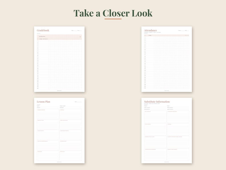 May include: Four white printable planner pages with dark text on a light background. The pages are titled Gradebook, Attendance, Lesson Plan, and Substitute Information. Each page features grid lines or horizontal lines for organizing classroom data.