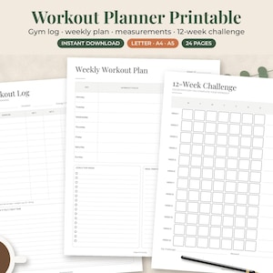 May include: A workout planner printable set featuring a Workout Log, Weekly Workout Plan, and 12-Week Challenge. The pages include tables for exercises, sets, and weekly goals. The text includes "Workout Planner Printable", "Gym log", and "12-Week Challenge".