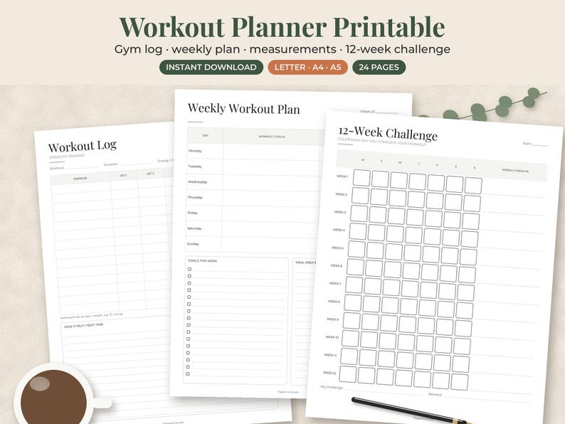 May include: A workout planner printable set featuring a Workout Log, Weekly Workout Plan, and 12-Week Challenge. The pages include tables for exercises, sets, and weekly goals. The text includes "Workout Planner Printable", "Gym log", and "12-Week Challenge".