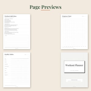 May include: Four white digital planner pages with black text. The pages are titled Workout Split Ideas, Progress Chart, Healthy Habits, and Workout Planner. Each page features organized sections, checkboxes, and grid lines for tracking fitness progress.