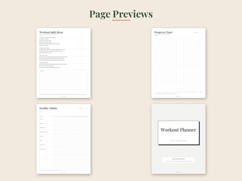 May include: Four white digital planner pages with black text. The pages are titled Workout Split Ideas, Progress Chart, Healthy Habits, and Workout Planner. Each page features organized sections, checkboxes, and grid lines for tracking fitness progress.