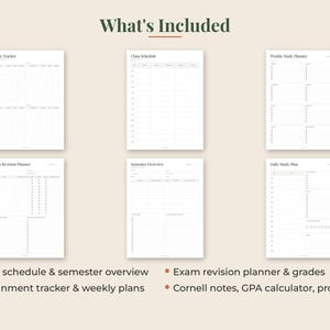 May include: A digital planner set featuring six white pages with black text. The pages are titled Grade Tracker, Class Schedule, Weekly Study Planner, Exam Revision Planner, Semester Overview, and Daily Study Plan. The text below lists features including class schedule, semester overview, exam revision planner, grades, assignment tracker, weekly plans, Cornell notes, GPA calculator, and projects.