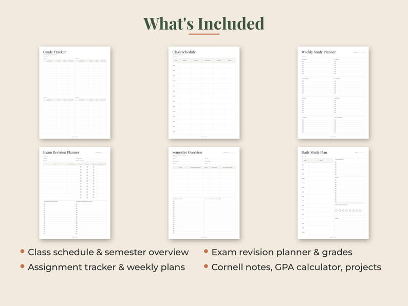 May include: A digital planner set featuring six white pages with black text. The pages are titled Grade Tracker, Class Schedule, Weekly Study Planner, Exam Revision Planner, Semester Overview, and Daily Study Plan. The text below lists features including class schedule, semester overview, exam revision planner, grades, assignment tracker, weekly plans, Cornell notes, GPA calculator, and projects.