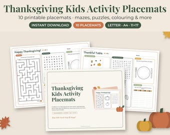 Thanksgiving Activity Placemat Printable, Kids Table Activities, Coloring Mazes Word Search, 11x17
