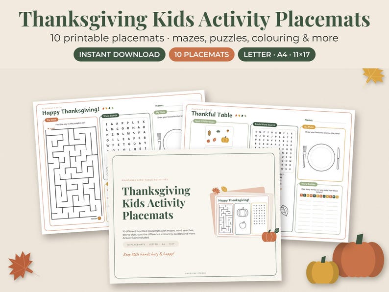 May include: A set of Thanksgiving Kids Activity Placemats featuring 10 printable sheets with mazes, word searches, and coloring sections. The designs include text like Happy Thanksgiving and Thankful Table, presented in a neutral color palette.
