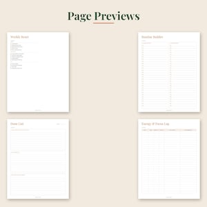 May include: Four white digital planner pages titled Page Previews. The pages include a Weekly Reset checklist, a Routine Builder with two columns of lines, a Done List with lined sections, and an Energy & Focus Log with a table for tracking data.