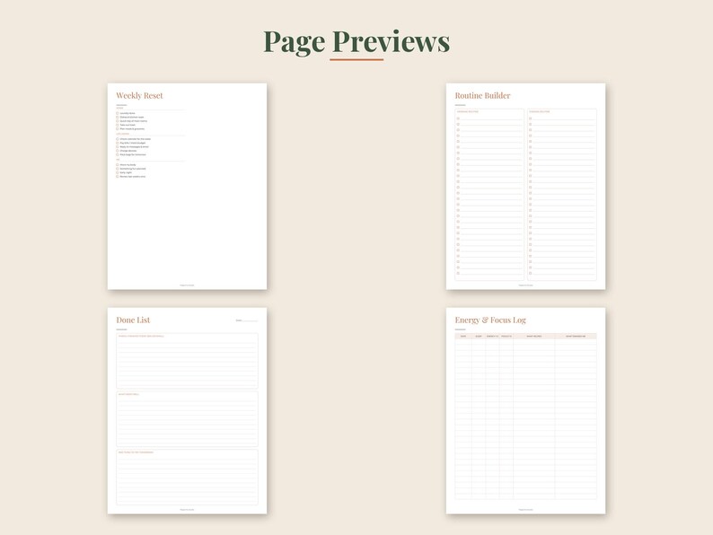 May include: Four white digital planner pages titled Page Previews. The pages include a Weekly Reset checklist, a Routine Builder with two columns of lines, a Done List with lined sections, and an Energy & Focus Log with a table for tracking data.