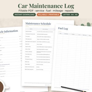 Puede incluir: Una plantilla digital de registro de mantenimiento de veh&iacute;culos con tres p&aacute;ginas blancas tituladas Vehicle Information, Maintenance Schedule y Fuel Log. El encabezado dice Car Maintenance Log, Fillable PDF, service, fuel, mileage, repairs.