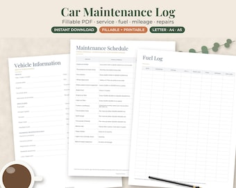 Car Maintenance Log Printable, Vehicle Service Record, Mileage and Fuel Tracker