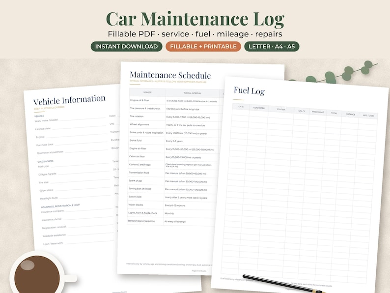 Puede incluir: Una plantilla digital de registro de mantenimiento de veh&iacute;culos con tres p&aacute;ginas blancas tituladas Vehicle Information, Maintenance Schedule y Fuel Log. El encabezado dice Car Maintenance Log, Fillable PDF, service, fuel, mileage, repairs.