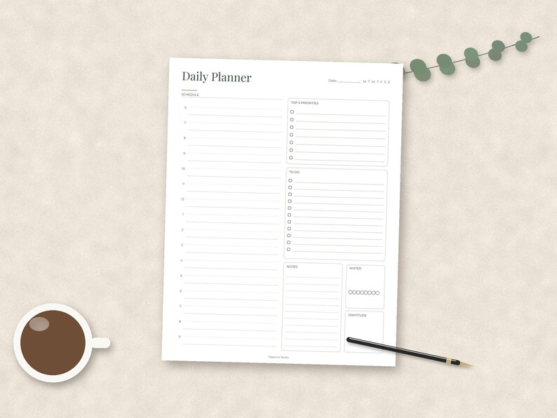 May include: A white daily planner sheet with black text and lines. The layout includes a schedule section, a top 3 priorities list, a to-do list, a notes section, a water intake tracker with eight circles, and a gratitude section at the bottom.