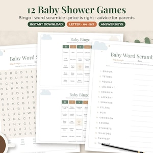 May include: A set of 12 baby shower games including Baby Bingo, word scramble, price is right, and advice for parents. The printable sheets feature a neutral color palette with cloud graphics, text headers, and grids for activities.