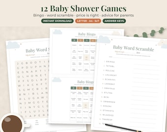 Baby Shower Games Bundle Printable, 12 Gender Neutral Games, Bingo, Advice Cards