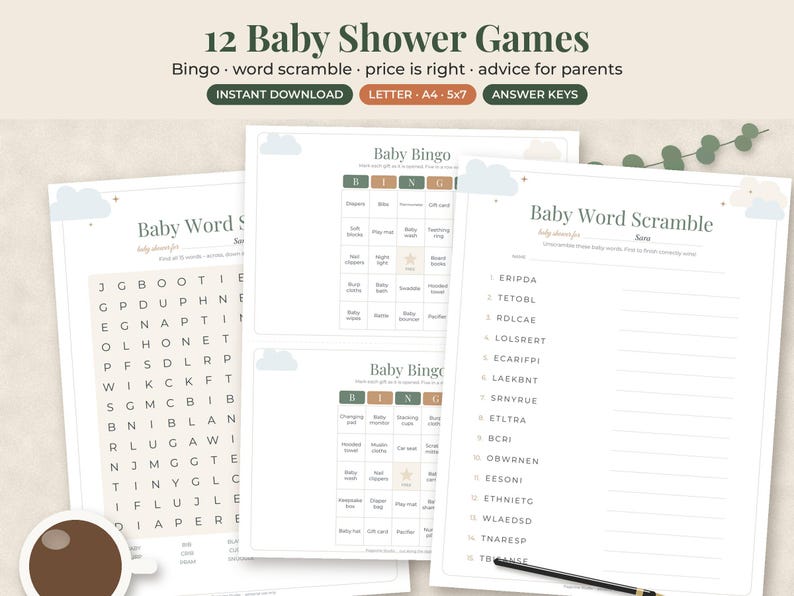 May include: A set of 12 baby shower games including Baby Bingo, word scramble, price is right, and advice for parents. The printable sheets feature a neutral color palette with cloud graphics, text headers, and grids for activities.