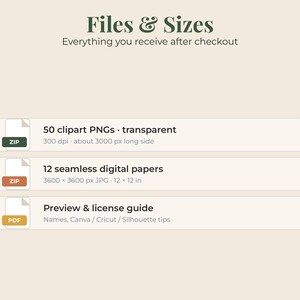 May include: A digital file information graphic titled Files & Sizes. It lists 50 transparent PNG clipart files at 300 dpi, 12 seamless digital papers at 3600 x 3600 px and 12 x 12 inches, and a PDF preview and license guide with software tips.